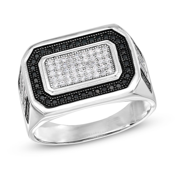 Men's Black and White Cubic Zirconia Rectangle Ring in Sterling Silver - Size 10