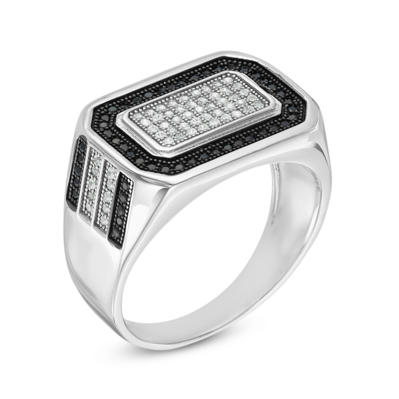 Men's Black and White Cubic Zirconia Rectangle Ring in Sterling Silver - Size 10