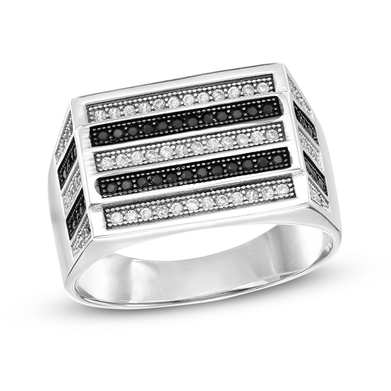 Black and White Cubic Zirconia Striped Rectangle Ring in Sterling Silver - Size 10