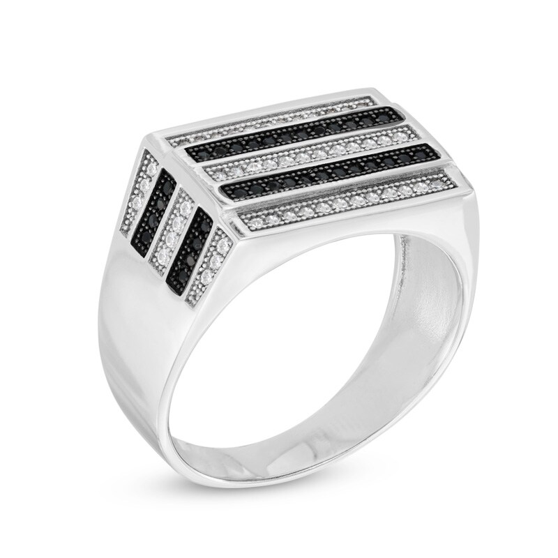 Black and White Cubic Zirconia Striped Rectangle Ring in Sterling Silver - Size 10