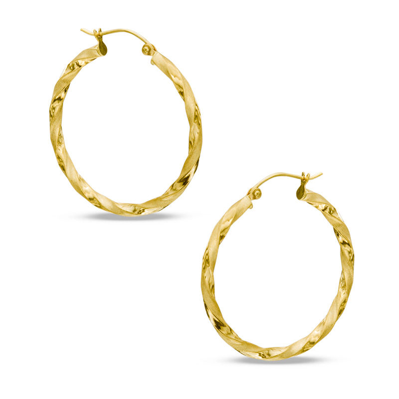 FB Jewels Solid 14K Yellow Gold Satin Diamond Cut Hollow Twisted Hoop Earrings