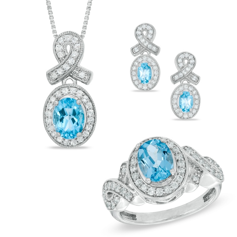 Oval Blue Topaz and Cubic Zirconia Frame Pendant, Ring and Earrings Set in White Rhodium Brass