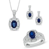 Oval Lab-Created Blue Sapphire and Cubic Zirconia Frame Pendant, Ring and Earrings Set in White Rhodium Brass