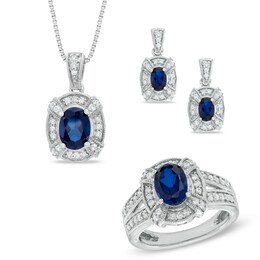 Oval Lab-Created Blue Sapphire and Cubic Zirconia Frame Pendant, Ring and Earrings Set in White Rhodium Brass
