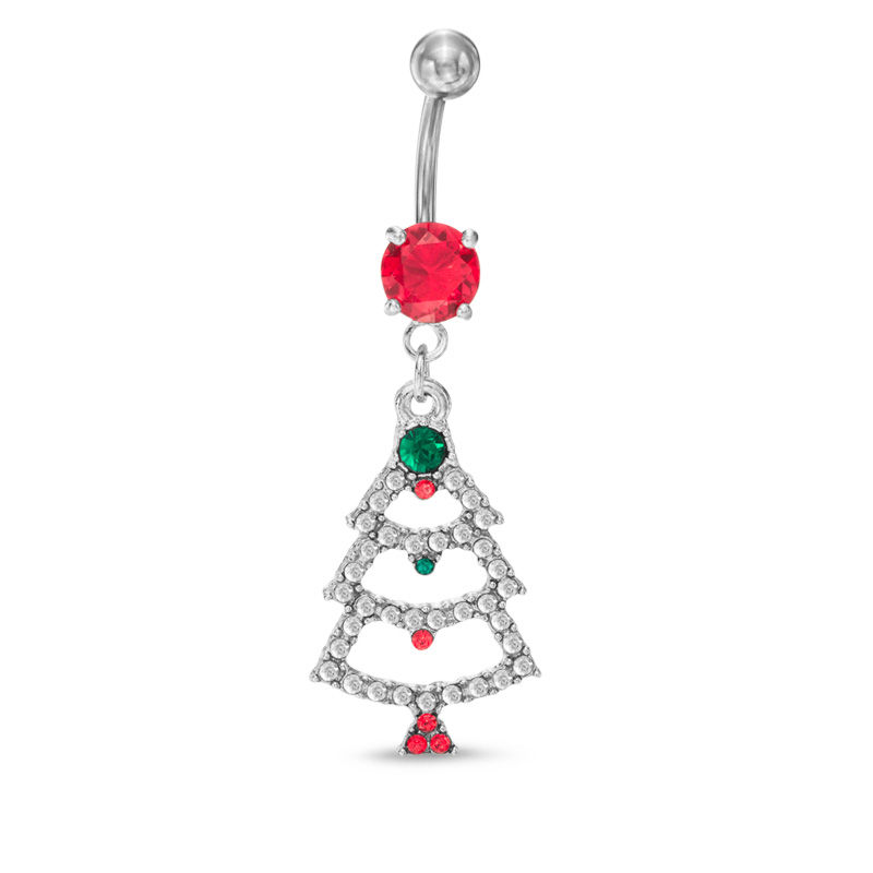 014 Gauge Christmas Tree Dangle Belly Button Ring with Multi-Color Crystals in Stainless Steel