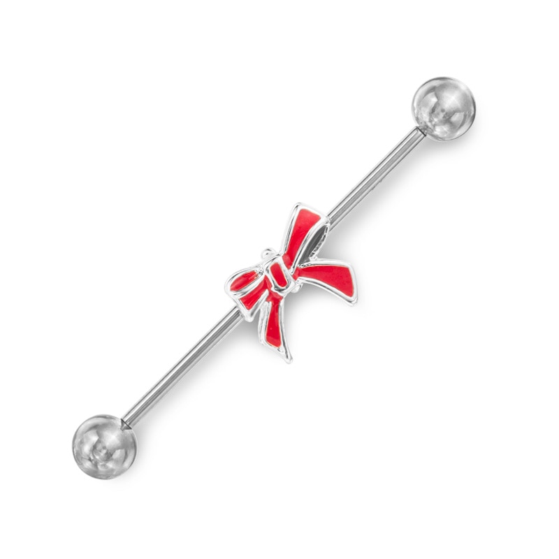 014 Gauge Red Enamel Christmas-Style Bow Industrial Barbell in Stainless Steel - 1-3/8"