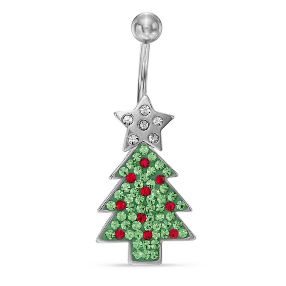 014 Gauge Christmas Tree Belly Button Ring with Red and Green Crystals in Stainless Steel