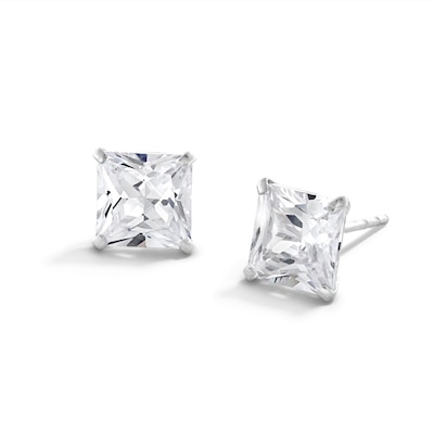 14K Solid White Gold 7mm Princess-Cut CZ Solitaire Studs