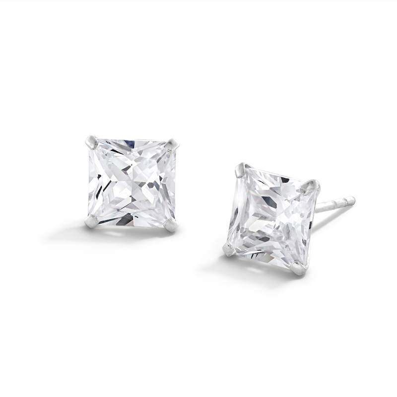 14K Solid White Gold 7mm Princess-Cut CZ Solitaire Studs