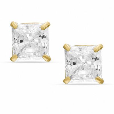 14K Solid Gold 5mm Princess-Cut CZ Solitaire Studs