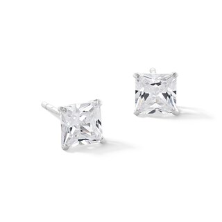 14K Solid White Gold 5mm Princess-Cut CZ Solitiare Studs