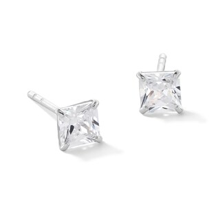 14K Solid White Gold 4mm Princess-Cut CZ Solitaire Studs
