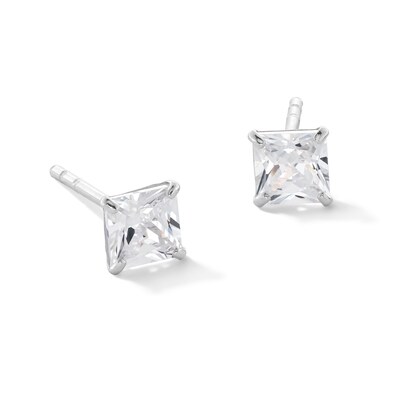14K Solid White Gold 4mm Princess-Cut CZ Solitaire Studs