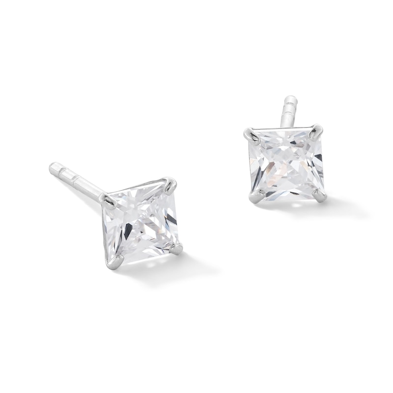 14K Solid White Gold 4mm Princess-Cut CZ Solitaire Studs