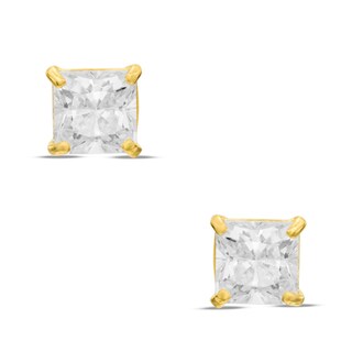 14K Solid Gold 4mm Princess-Cut CZ Solitaire Studs