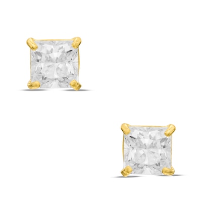 14K Solid Gold 4mm Princess-Cut CZ Solitaire Studs