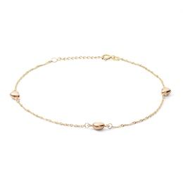 Puff Heart Station Anklet in 10K Solid Two-Tone Gold - 10&quot;