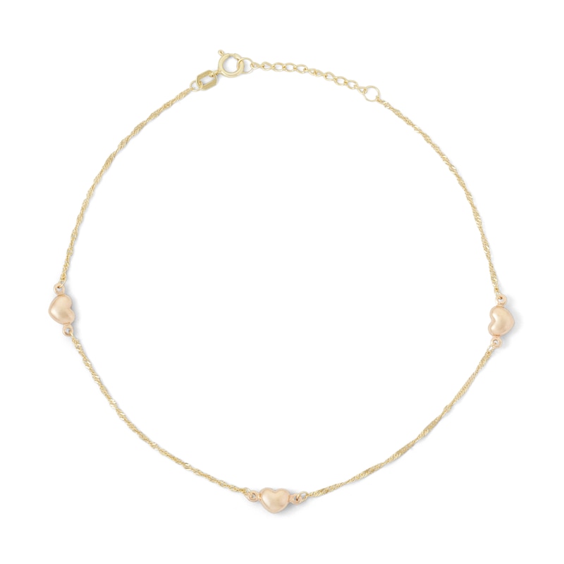 Puff Heart Station Anklet in 10K Solid Two-Tone Gold - 10"