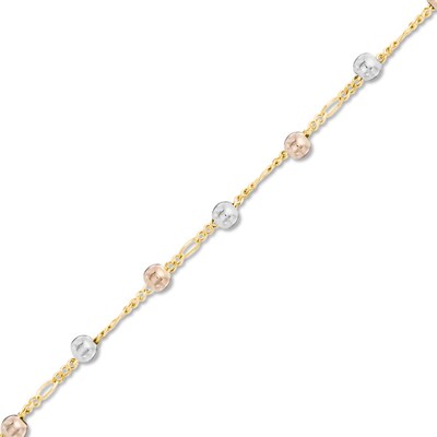 035 Gauge Figaro Chain Bead Anklet in 10K Tri-Tone Gold - 10"