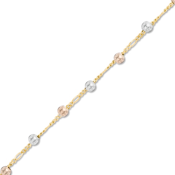 035 Gauge Figaro Chain Bead Anklet in 10K Tri-Tone Gold - 10"