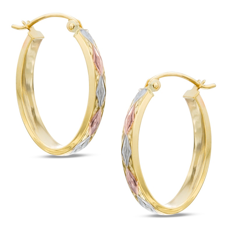 Main Image 1 of Oval Diamond-Cut Tri-Tone Hoop Earrings in 10K Tube Hollow Gold