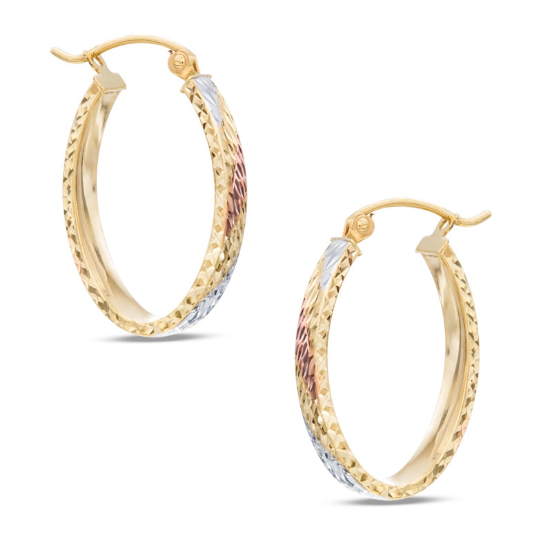 Oval Diamond-Cut Hoop Earrings in 14K Tri-Tone Gold