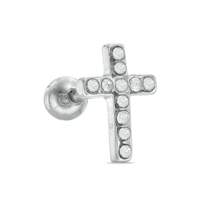 Main Image 1 of 018 Gauge Crystal Cross Cartilage Barbell in Stainless Steel - 5/16"