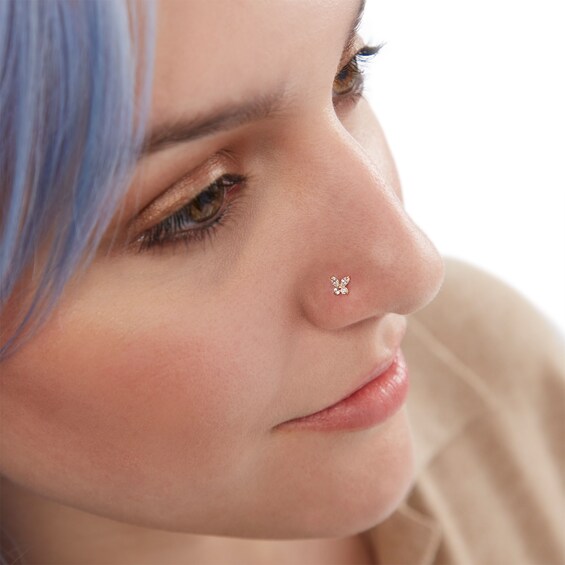 14K Gold CZ Butterfly L-Shape Nose Stud