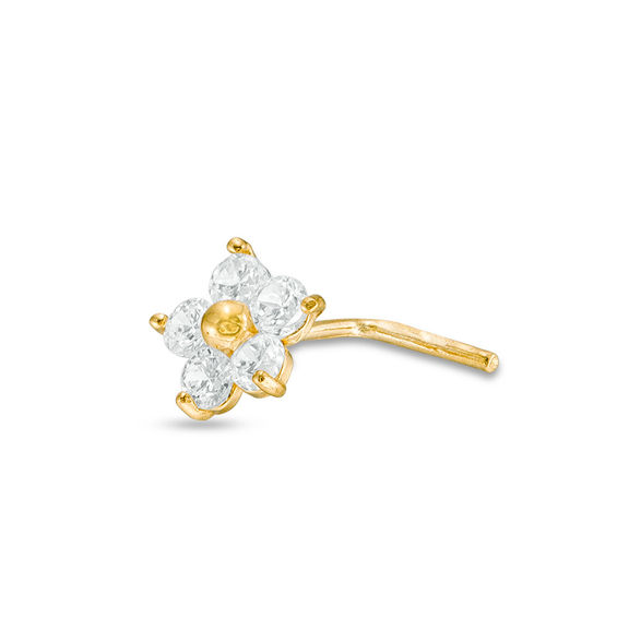 14K Gold CZ Flower L-Shape Nose Stud - 24G 1/4