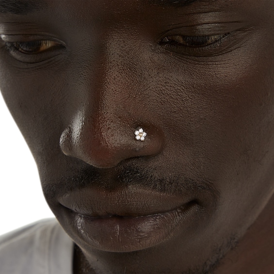 14K Gold CZ Flower L-Shape Nose Stud