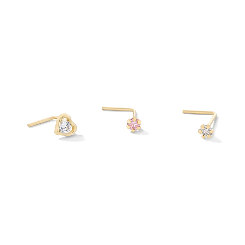 14K Solid Gold CZ Three Piece Nose Stud Set - 24G 1/4"