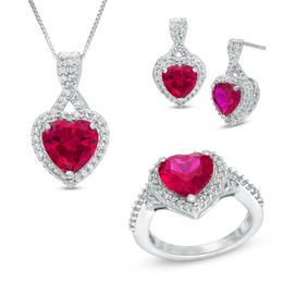 Heart-Shaped Lab-Created Ruby and Cubic Zirconia Pendant, Ring and Earrings Set in White Rhodium Brass - Size 7