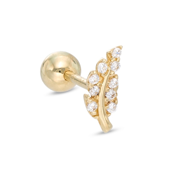 018 Gauge Cubic Zirconia Leaf Cartilage Barbell in 14K Gold