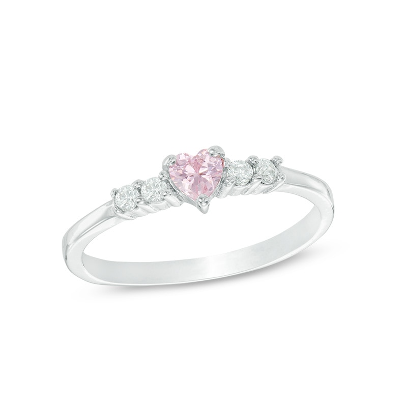 Child's Heart-Shaped Pink and White Cubic Zirconia Ring in Sterling Silver - Size 3