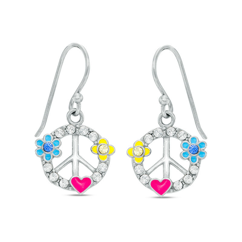 Main Image 1 of Child's Multi-Color Crystal and Enamel Peace Sign Drop Earrings in Sterling Silver