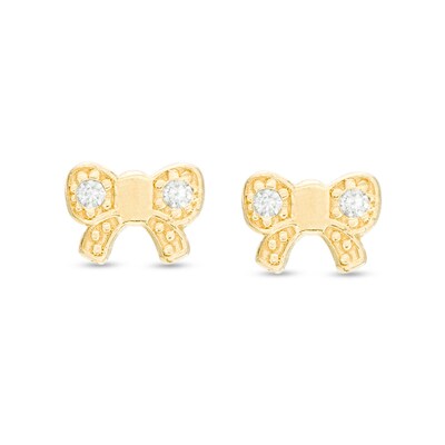 Child's Cubic Zirconia Beaded Bow Stud Earrings in 14K Gold