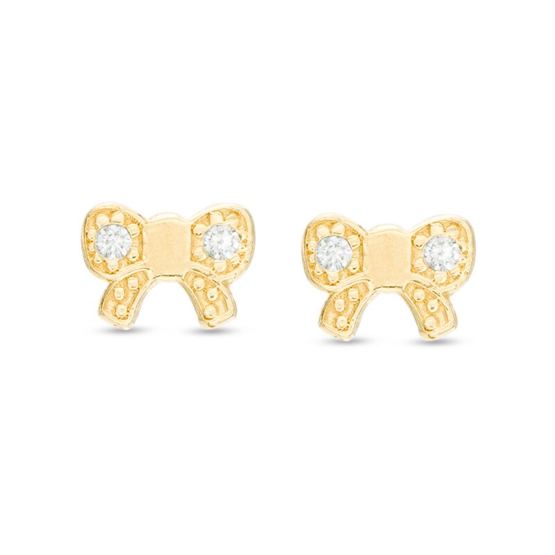 Child's Cubic Zirconia Beaded Bow Stud Earrings in 14K Gold
