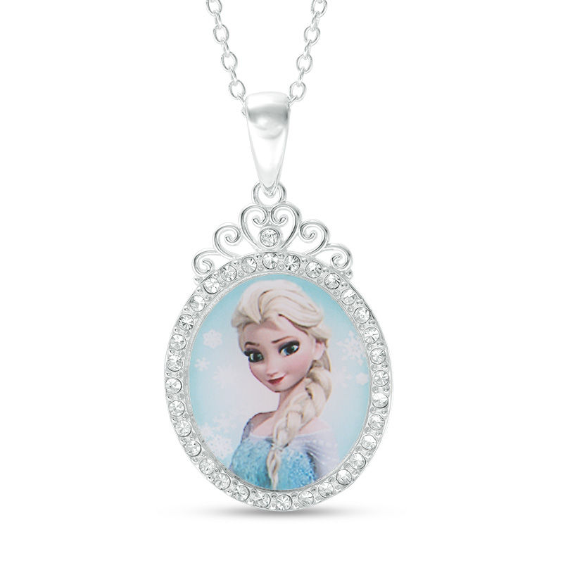 Child's White Crystal Frame Enamel Elsa Pendant in Sterling Silver - 15"