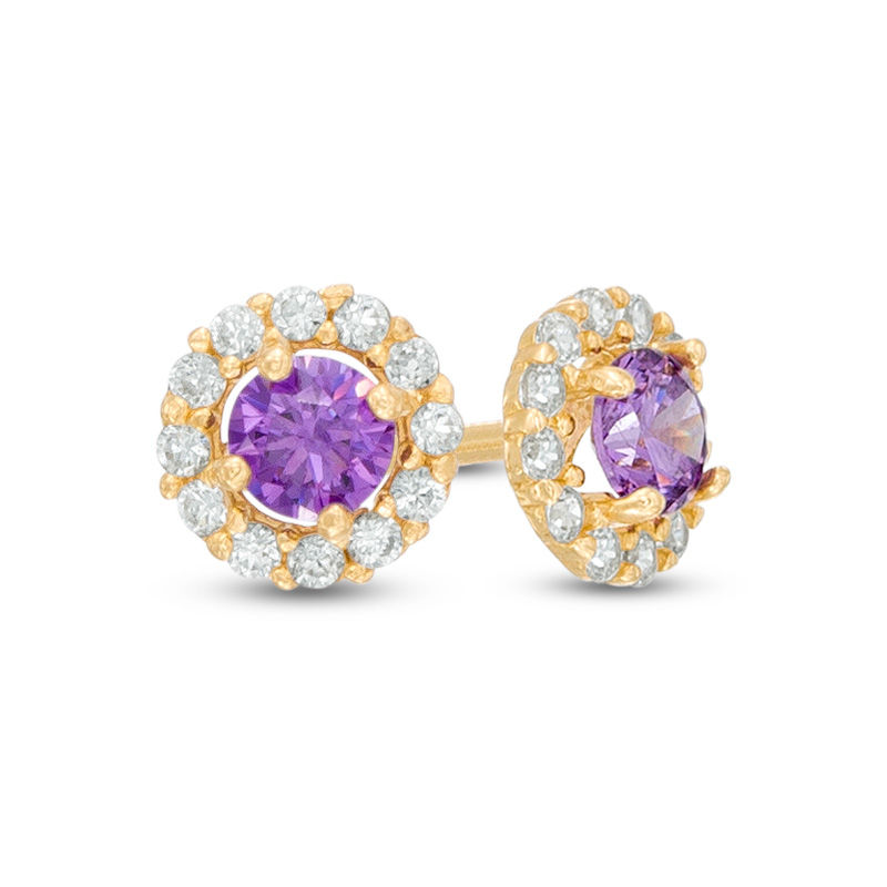 Main Image 1 of Child's 4mm Purple and White Cubic Zirconia Frame Stud Earrings in 14K Gold