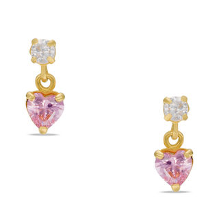 Child's 3mm Heart-Shaped Pink and White Cubic Zirconia Drop Earrings in 14K Gold