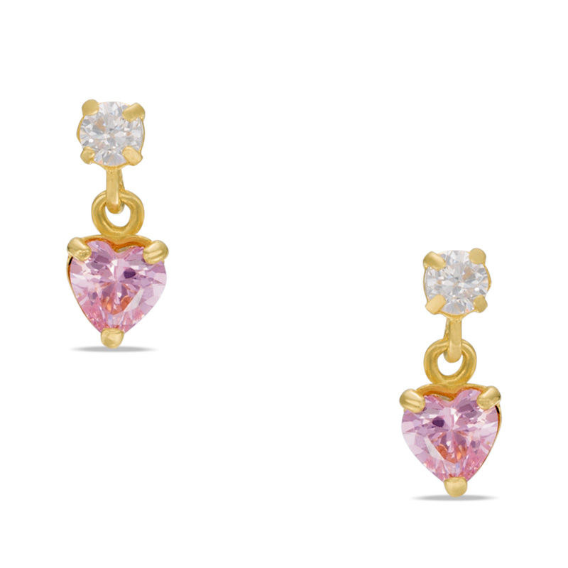 Child's 3mm Heart-Shaped Pink and White Cubic Zirconia Drop Earrings in 14K Gold
