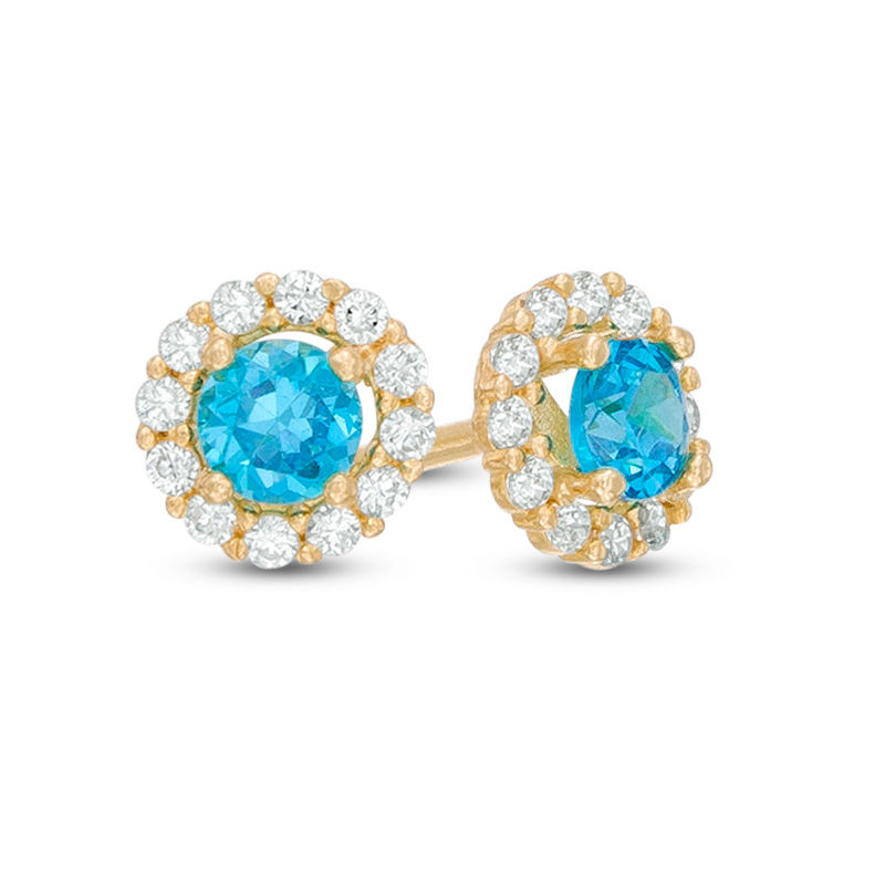 Child's 4mm Blue and White Cubic Zirconia Frame Stud Earrings in 14K Gold