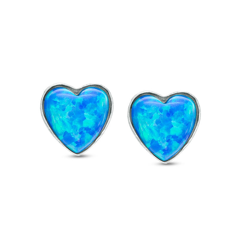 Main Image 1 of Child's Heart-Shaped Simulated Blue Opal Stud Earrings in Sterling Silver