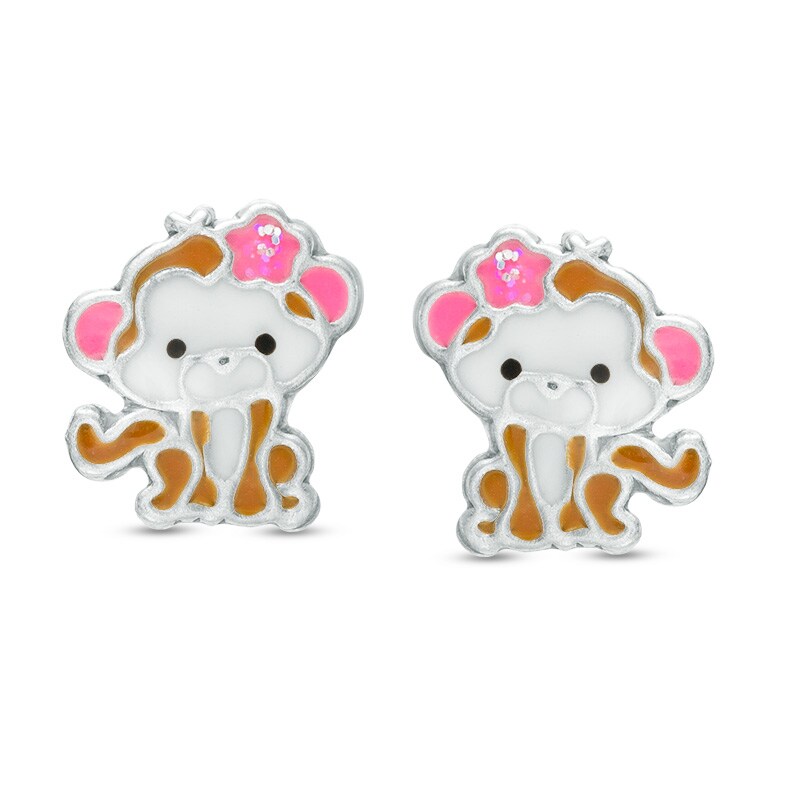 Child's Enamel Monkey Stud Earrings in Sterling Silver