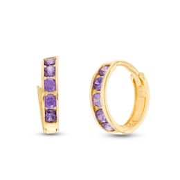 Purple Cubic Zirconia Five Stone Huggie Hoop Earrings in 14K Gold