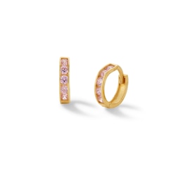 Pink Cubic Zirconia Five Stone Huggie Hoop Earrings in 14K Solid Gold