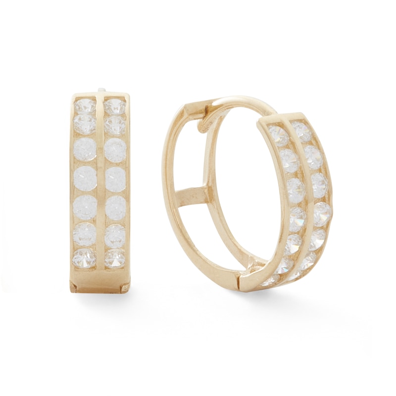 Cubic Zirconia Double Row Huggie Hoop Earrings in 14K Solid Gold