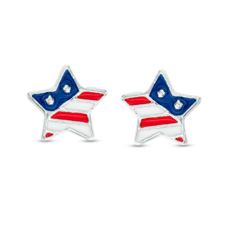Child's Enamel USA Flag Star Stud Earrings in Sterling Silver