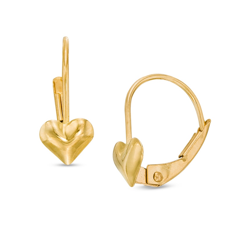 Child's Puffed Heart Drop Earrings in 14K Gold