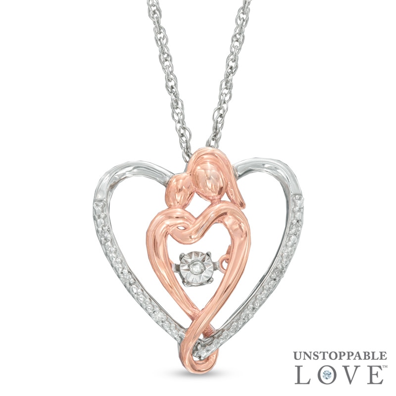 Diamond Accent Heart-Shaped Motherly Love Pendant in Sterling Silver and 14K Rose Gold Plate